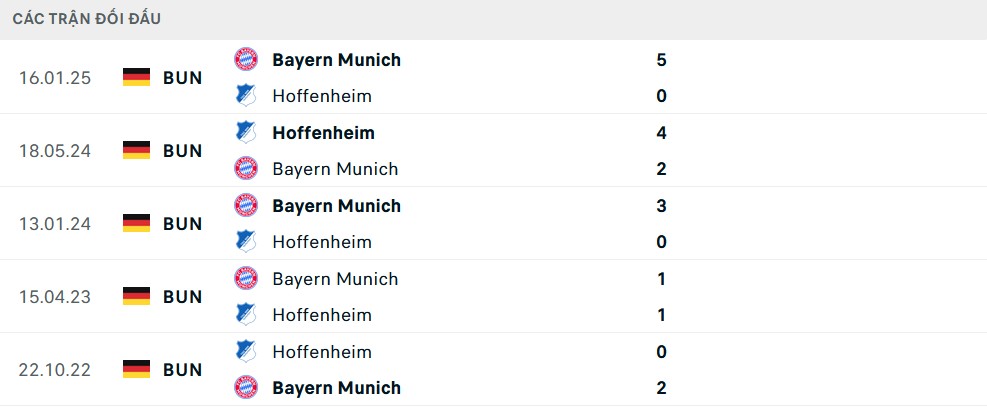 Bảng thống kê lịch sử đối đầu giữa Hoffenheim và Bayern Munich, thể hiện kết quả các trận đấu trước đây và xu hướng đối đầu giữa hai đội.