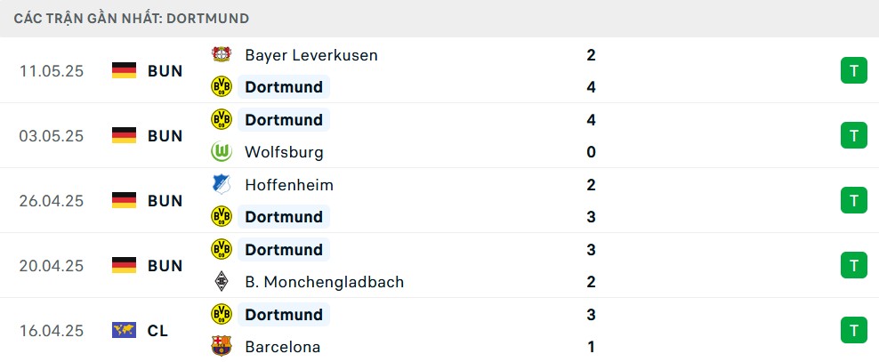 Phong độ thi đấu gần đây của Dortmund tại các giải đấu